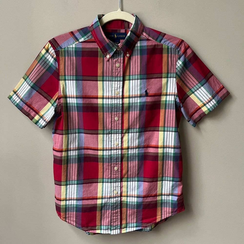 Ralph Lauren Button Down Shirt Boy's Large 14-16 Red Plaid 100% Cotton Preppy